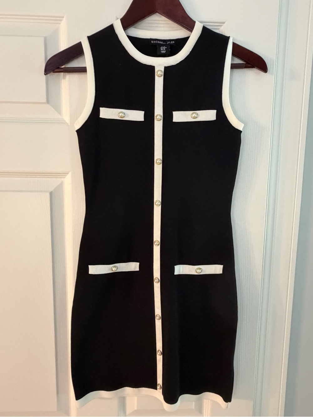 Sincerely Jules Black Mini knit Dress with Ivory/Cream Trim & Gold/Pearl Buttons